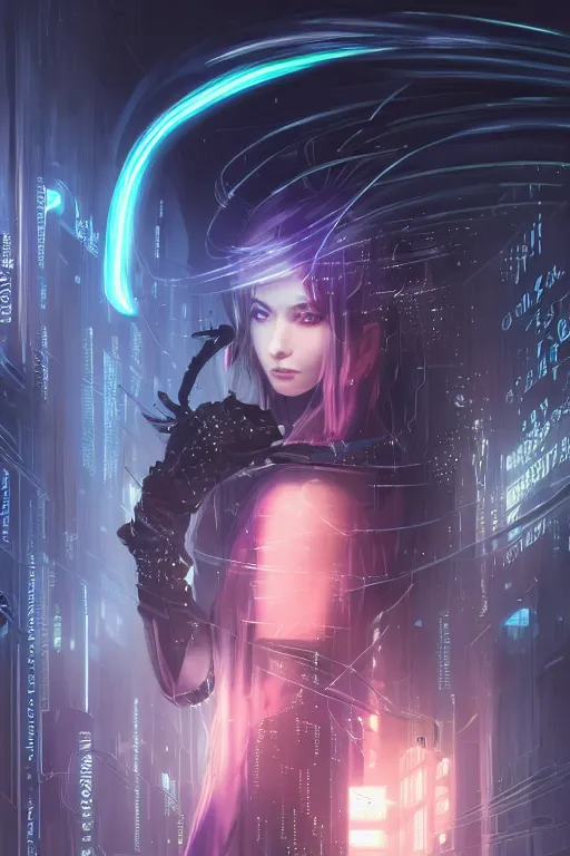 Image similar to portrait futuristic talented cyberpunk female Alchemist, in futuristic stormy heavy snowy thunder tokyo rooftop Enchantment cyberpunk night, ssci-fi, fantasy, intricate, very very beautiful, elegant, neon light, highly detailed, digital painting, artstation, concept art, soft light, hdri, smooth, sharp focus, illustration, art by tian zi and craig mullins and WLOP and alphonse mucha