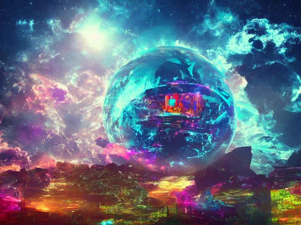 Image similar to mystical colorful cyberpunk planet with a clear blue lake in a clearing where an abstract nebula crystal sculpture is floating above it, powerful, 4k, photograph, vaporwave