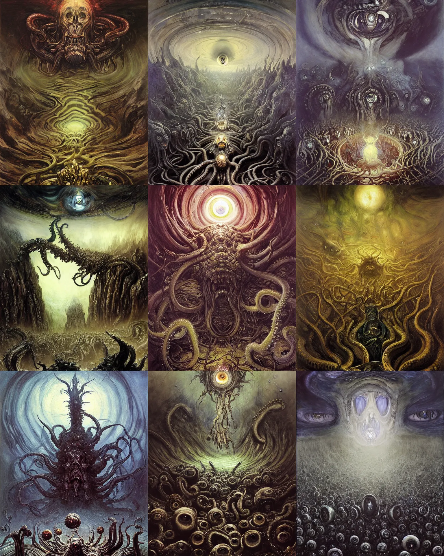 Prompt: ritual of otherworldly massive cthulu god arising a grim obsidian landscape made of giant eyeballs, painting by donato giancola, artgerm, edvard munch john berkey, gustave dore, thomas moran, hieronymus bosch, hp lovecraft, paranoid vibe, terror giant infinite eyes horror spider eyes tentacles maggots feeling of madness and insanity