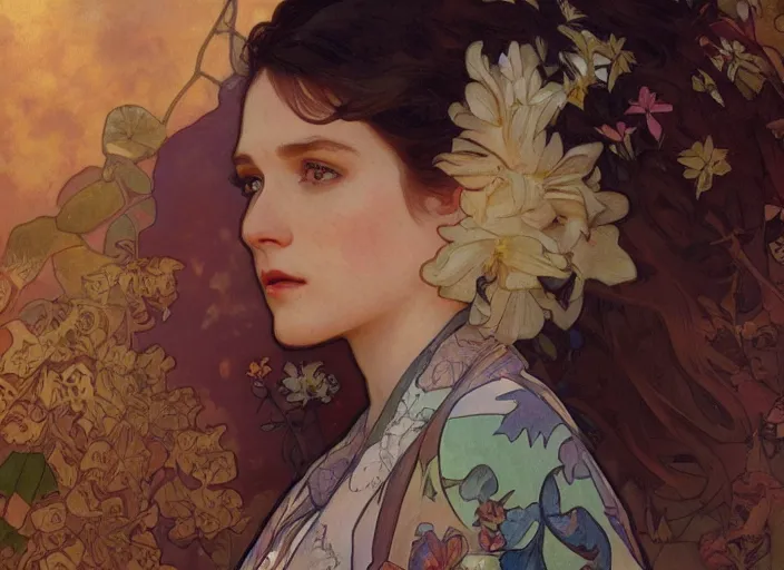 Prompt: Claire Elizabeth Cottrill wearing vintage hawaiian rayon shirt, rule of thirds, accurately portrayed, portrait art by alphonse mucha and greg rutkowski, highly detailed, digital painting, concept art, illustration, ethereal lighting with twilight rays of sunlight, trending on artstation, very detailed, smooth, sharp focus, octane render, close up