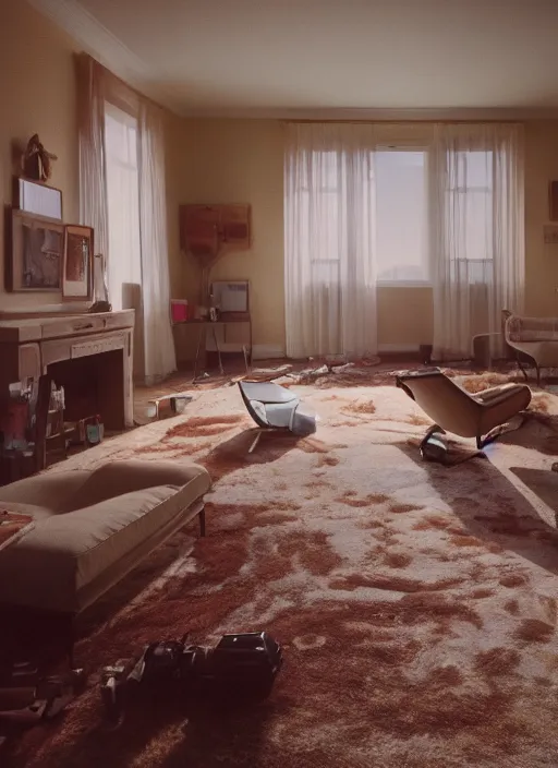 Prompt: kodak portra 4 0 0 photographic and realistic, 7 0 s living room, detailed, octane render, 4 k, hyper realistic, only floor flooded, wide angle, 2 8 mm, sharp focus, soft light, volumetric light fog, in the style of gregory crewdson