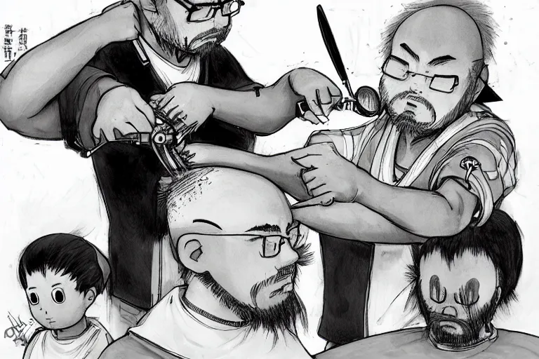 Image similar to a barber struggles to cut the hair of conjoined twins, by miyazaki and amano and murakami, trending on artstation