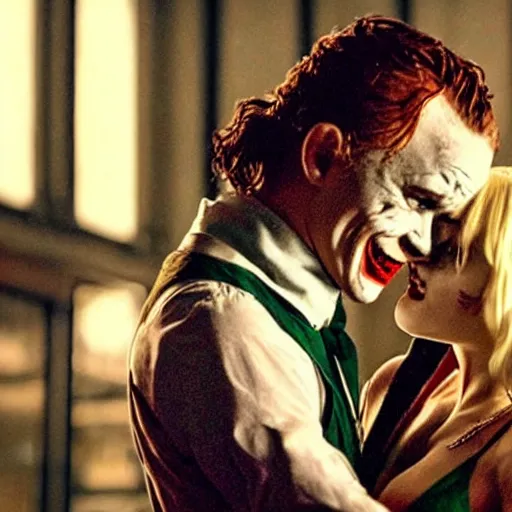 Image similar to heath ledger as the joker and margot robbie as harley quinn, posing shot, cinematic, ultra realistic, low lighting