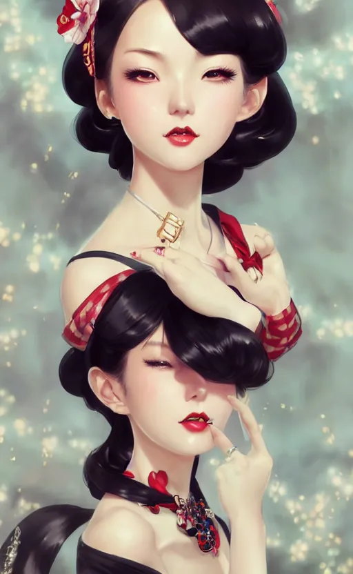 Image similar to a pin up and beautiful fashion and charming and dreamlke japan girl with lv jewelry, character art, art by artgerm lau and kyoung hwan kim and and ilya kuvshinov and john singer sargent, hyperdetailed, 8 k realistic, symmetrical, frostbite 3 engine, cryengine, dof, trending on artstation, digital art