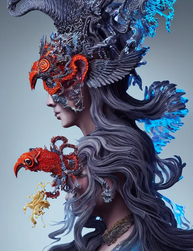 Image similar to 3 d goddess of hell close - up profile portrait with ram skull. beautiful intricately detailed japanese crow kitsune mask and clasical japanese kimono. betta fish, jellyfish phoenix, bio luminescent, plasma, ice, water, wind, creature, artwork by tooth wu and wlop and beeple and greg rutkowski