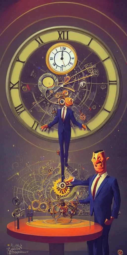 Prompt: a man in a business suit with a clock head, clock face, beautiful composition, symmetric, by paul lehr and cory loftis, masterpiece