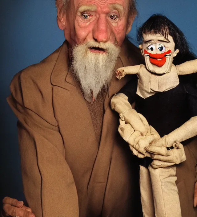 Prompt: hyper realistic old 1 9 8 0 photography of lunatic mad scared ventriloquist old man with terrific haunted small human faced puppet