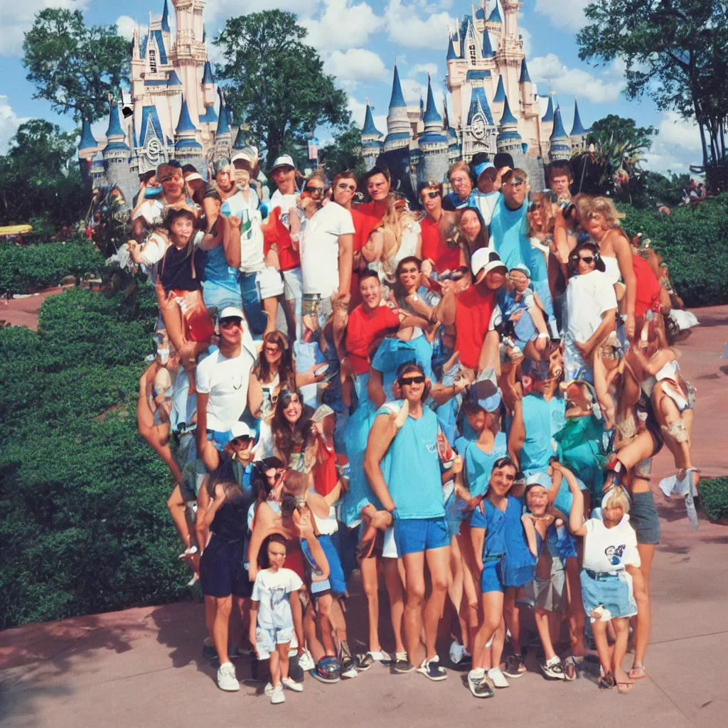 Prompt: 1990s disposable camera photograph family vacation at Disney World