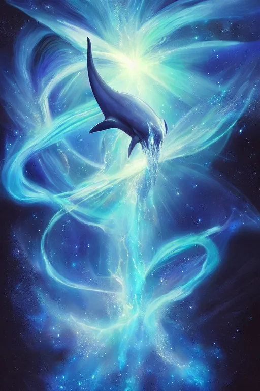 Image similar to Ethereal blue fire dolphin flying through a nebula, Sirius star system, star dust, cosmic, magical, shiny, glow,cosmos, galaxies, stars, outer space, stunning, by andreas rocha and john howe, and Martin Johnson Heade, featured on artstation, featured on behance, golden ratio, ultrawide angle, hyper detailed, photorealistic, epic composition, wide angle, f32, well composed, UE5, 8k