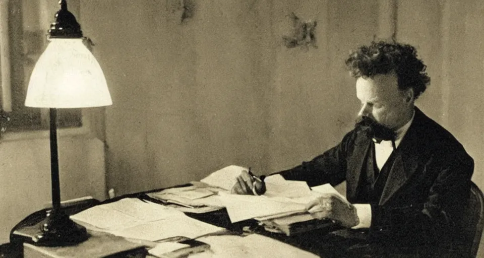 Image similar to august strindberg writing at a secretary desk in a small viennese apartment, night time, alone, lamplight, victorian era, depth of field