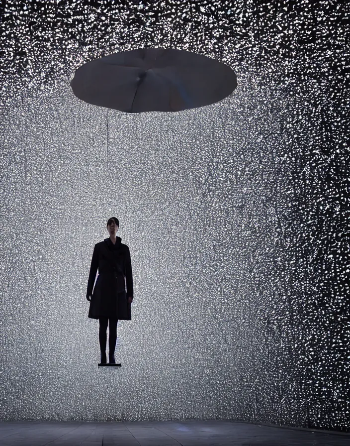 Image similar to high fashion close - up of a slick fashionable zara raincoat floating suspended mid - air over a glittering wet rainy contemporary lighting art installation designed by olafur eliason, james turrell, okuda, shot by denis villeneuve, wes anderson, lily frank, symmetry, rule of thirds