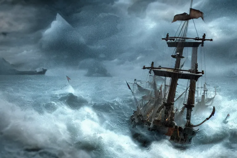 Image similar to epic pirate ship cannon battle in a storm, in the style of vernon grant and chris van allsburg, raging stormy sea, trending on artstation, bright tilt - shift camcorder effect, photoshop, retrowave, hyperrealism, octane, sharp focus, masterpiece