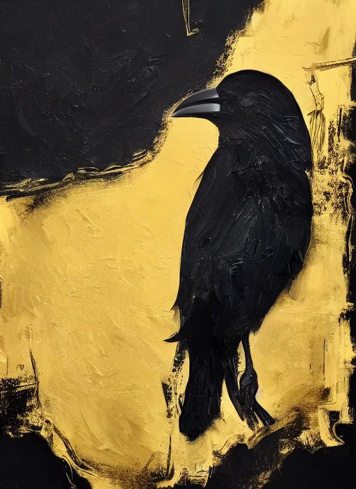 Prompt: art, crow, award - winning painting, abstract painting, gold and silver shapes, elegant, luxurious, beautiful, pitch black background, chiaroscuro