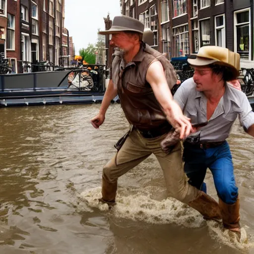 Prompt: indiana jones chased by a giant builder in amsterdam canal