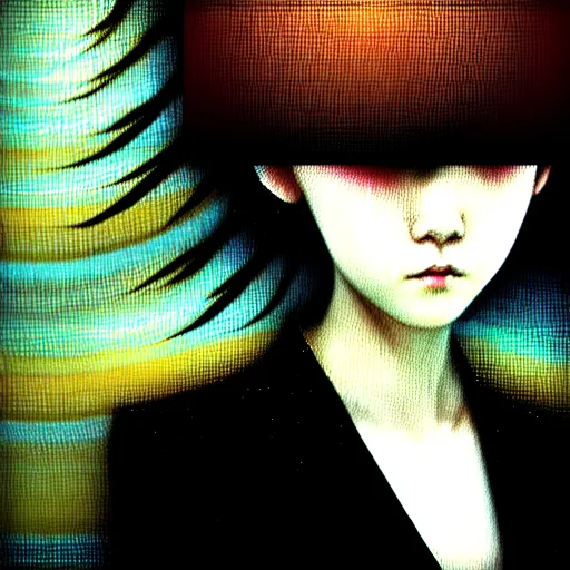 Image similar to yoshitaka amano blurred and dreamy realistic three quarter angle portrait of a young woman with short hair and black eyes wearing office suit with tie, junji ito abstract patterns in the background, satoshi kon anime, noisy film grain effect, highly detailed, renaissance oil painting, weird portrait angle, blurred lost edges