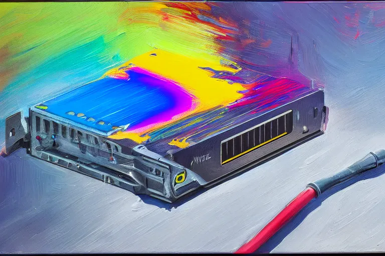 Image similar to a painting by Wayne Thiebaud of an Nvidia GeForce RTX 3090 GPU that has caught on fire, GeForce RTX 3090 on fire, cooling, high specs, ethereal!!!!!!!, by Wayne Thiebaud, neon gradient, nvidia promotional image