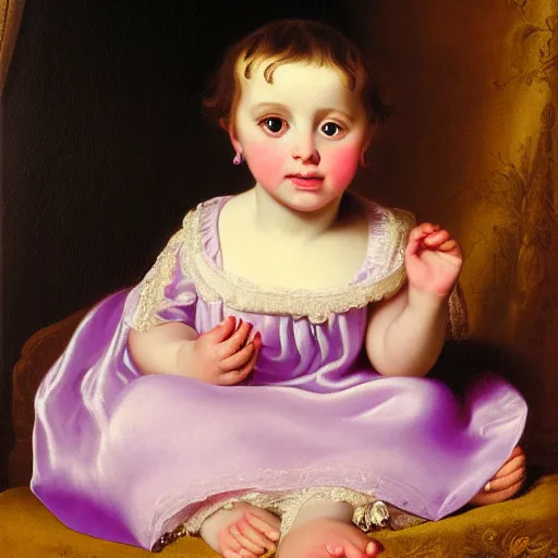 Image similar to portrait of a german toddler princess sitting down in a silk lavender gown, circa 1 8 3 7, by carl joseph begas, highly detailed, beautiful, oil on canvas, 1 8 3 0 s, romanticism