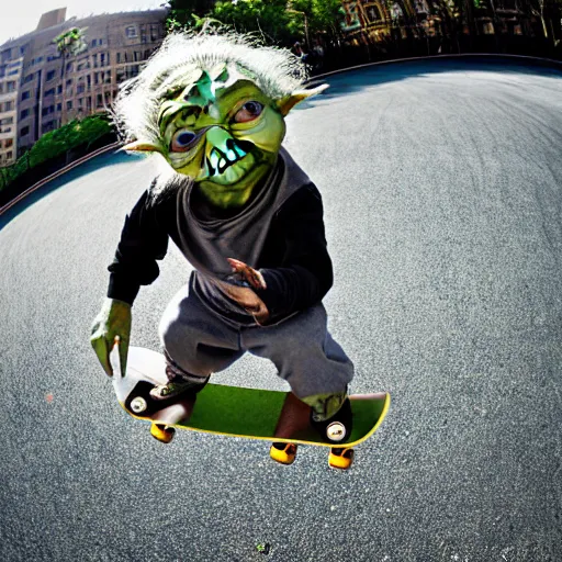 Image similar to Yoda skateboarding towards the camera, photograph, fisheye lens