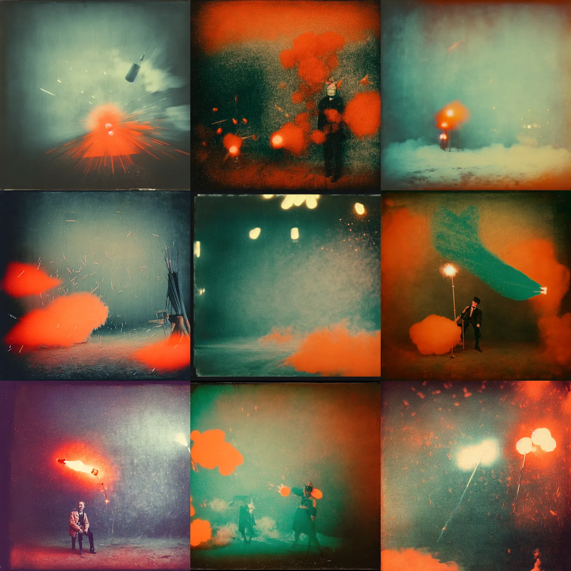 Prompt: kodak portra 4 0 0, wetplate, muted colours, orange and teal, 1 9 1 0 s style, motion blur, portrait photo of a backdrop, explosions, rockets, bombs, sparkling, snow, fog, by georges melies and by britt marling