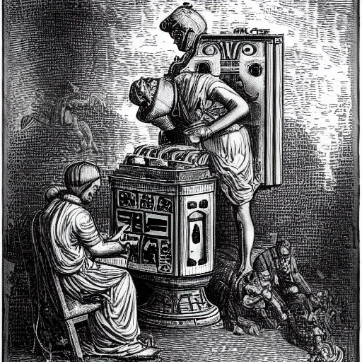 Image similar to an ancient machine, artificial intelligence chess machine, 1914 , in the style of Gustave Doré and Hito Steyerl, 35mm film