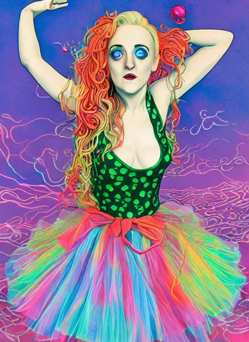 Image similar to surrealism psychedelic full body portrait sketch of evanna lynch as delirium of the endless in fishnet top and rainbow tutu skirt from the sandman, floating goldfish, green and blue eye heterochromia by alex ross, josh kirby, detailed, elegant, intricate