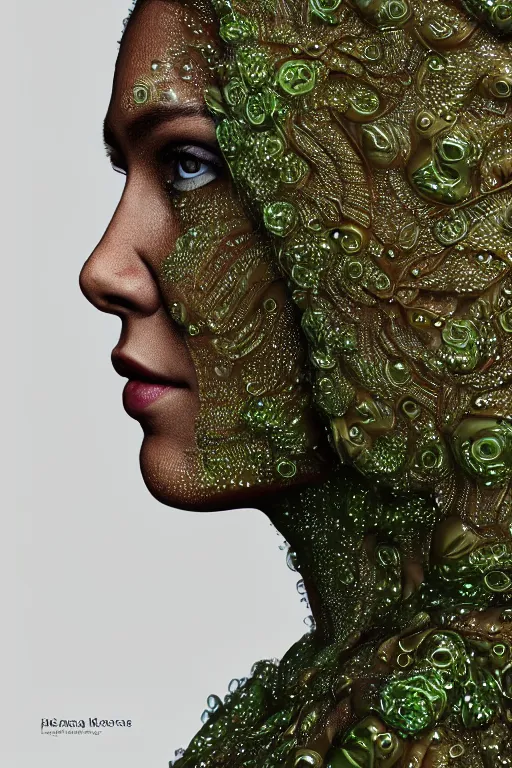 Image similar to mid shot of a regal brown woman wearing an intricate and detailed armor made of dew drops. woman is standing in a lush green forest. multiple layers. reflections. morning dew. textures. delicate. translucent. extremely coherent. studio portrait. photorealistic. octane render