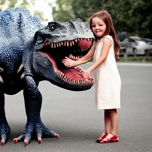 Image similar to girl with a pet dinosaur, cute,