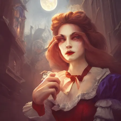 Image similar to closeup portrait of alice in wonderland, dramatic lighting, city background, night, moon, chiaroscuro, high detail, painted by greg rutkowski, painted by igor kieryluk, painted by bobby chiu, trending on artstation