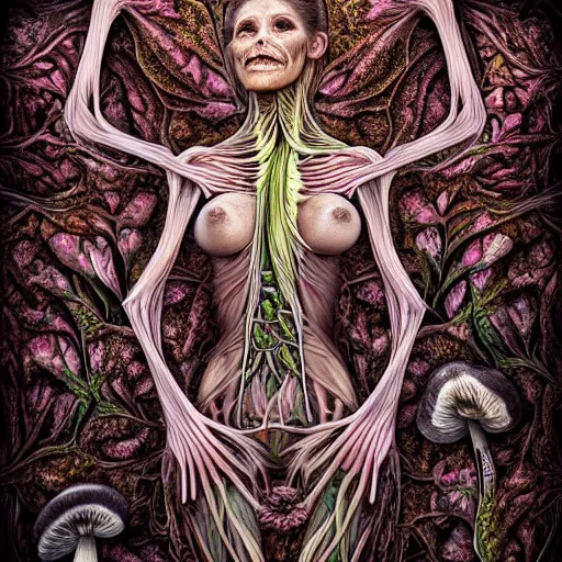 Image similar to a beautiful detailed photo of a rotten woman corpse morphing into fractal plants and fractal flowers and mushrooms, muscles, veins, anatomical, intricate, ornate, volumetric light, beautiful lit, romero ressendi