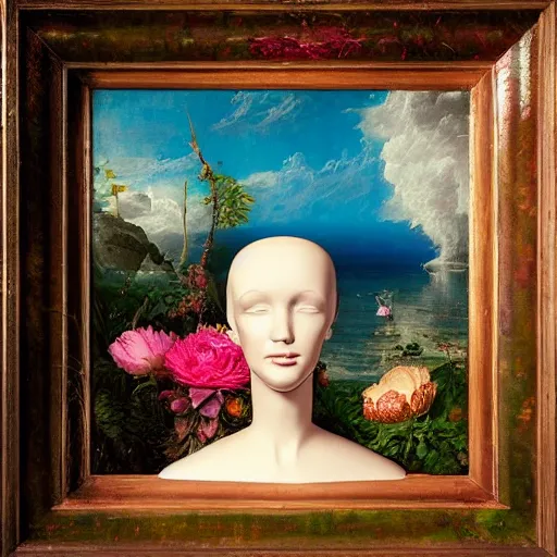 Image similar to award winning masterpiece with incredible details, a surreal vaporwave vaporwave vaporwave vaporwave vaporwave painting by Thomas Cole of an old pink mannequin head with flowers growing out, sinking underwater, highly detailed