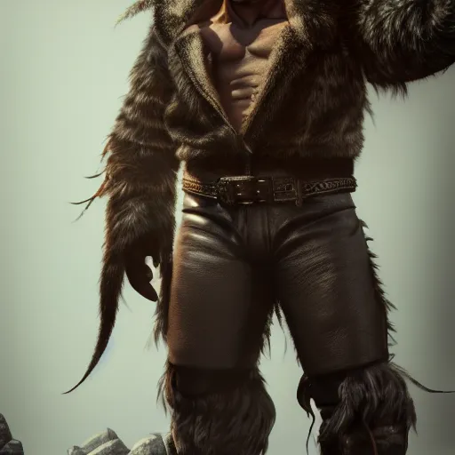 Image similar to A full body shot of a handsome orc looking into the camera wearing a leather fur jacket and boots, full body shot, artstation, realistic, highly detailed, symmetrical, hyper realism, high detail, octane render, unreal engine, 8k, fantasy art, highly detailed, concept art