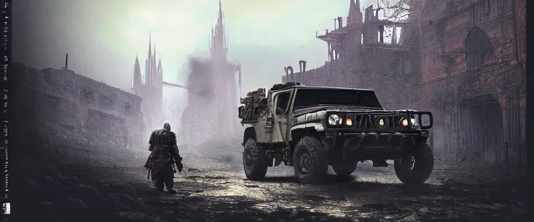 Image similar to Humvee with a mounted M249 (1985) and with personnel, Dark Souls 3, a grim fantasy, Anor Londo, dramatic lighting, cinematic, establishing shot, extremely high detail, photorealistic, cinematic lighting, artstation, by simon stalenhag
