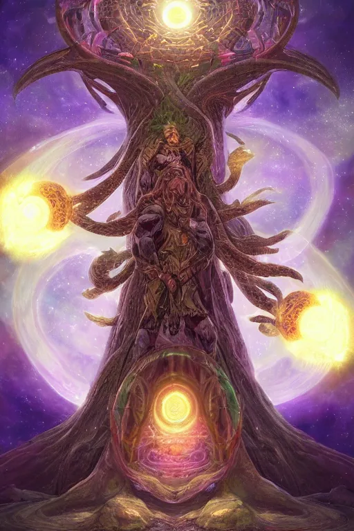 Prompt: yggdrasil as an enormous sentient deity of the stars made of exotic matter, in hyperbolic space, a dnd illustration of an esoteric concept by cgsociety and james gurney, artstation, hdr, rtx, iridescent