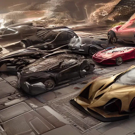 Image similar to several cars: center composition, cars portraits, ground view, motherboard forms designed by zaha hadid, sci-fi futuristic ultra realistic photography, keyshot render, octane render, unreal engine 5 lumen, high oiled liquid glossy specularity reflections, ultra detailed, golden hour, dramatic lighting 4k, 8k, 16k in the style ofblade runner 2049 Cyberpunk 2077 ghost in the shell thor 2 marvel film : tilt shift: sharp focus