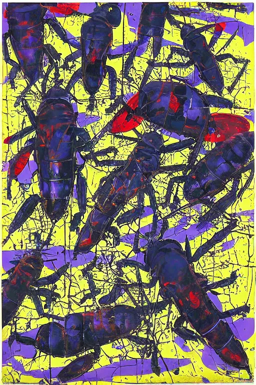 Prompt: mimmo rotella, violet polsangi, frank miller as return of ninja bugs by pop art, white frame