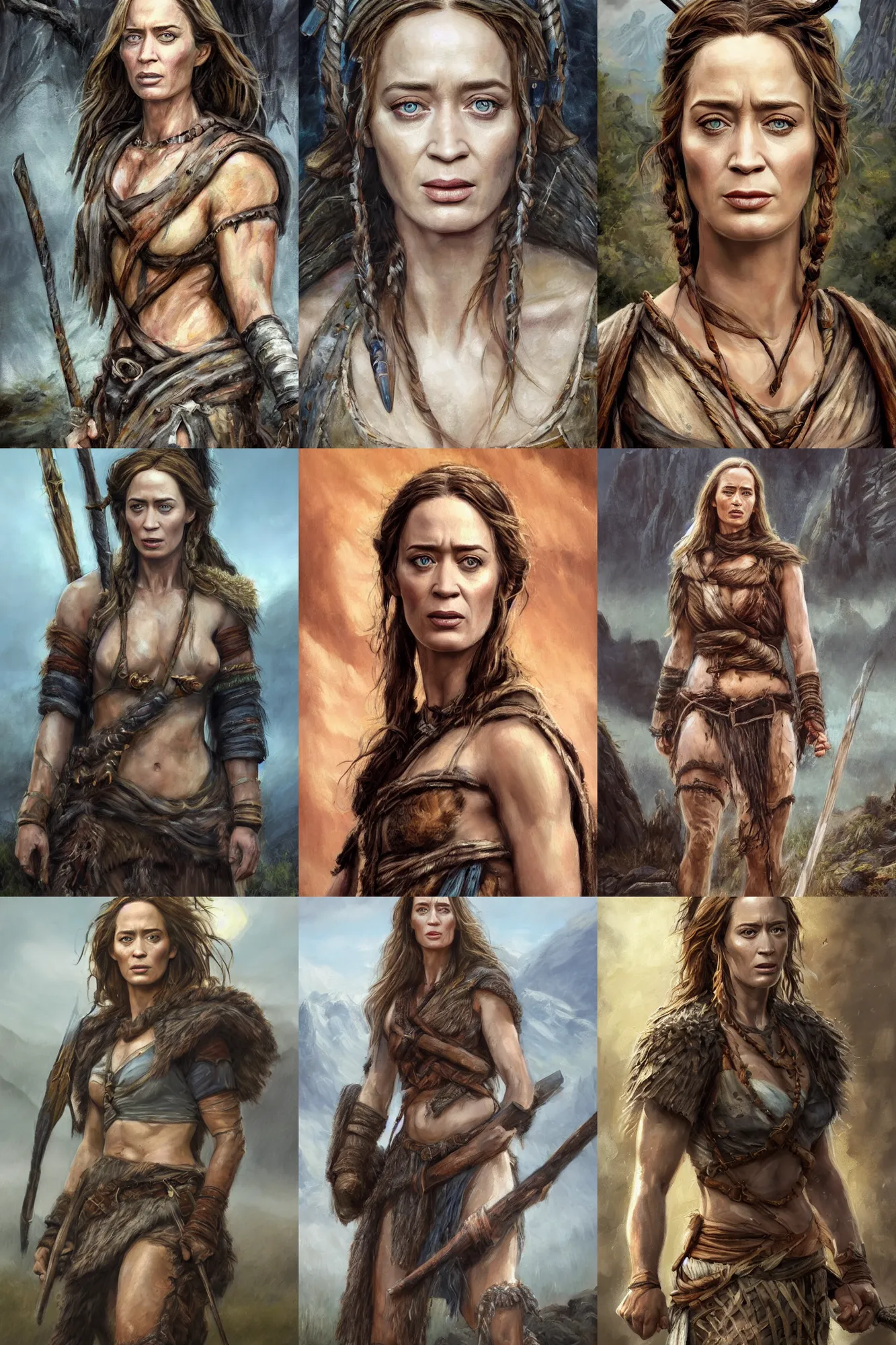 Prompt: a full body high detail fantasy portrait oil painting illustration of emily blunt as a single rugged stoic barbarian woman by Justin Sweet with face and body clearly visible, in a scenic background, pupils visible, realistic proportions, d&d, rpg, forgotten realms, artstation trending, high quality, sombre mood, artstation trending, muted colours, no crop, entire person visible!, natural light, Adobe Photoshop, Adobe Lightroom, photolab, Affinity Photo,