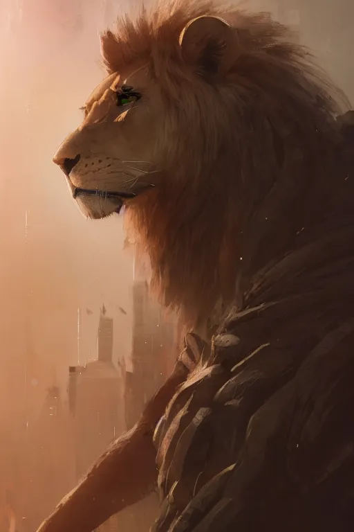 Image similar to portrait male anthro lion character full body precis no blur, concept art, character sheet, nier automata, gaston bussiere, greg rutkowski, tsutomu nihei, cyberpunk, trending on artstation, featured on pixiv, hyper detail, cinematic composition, 8 k