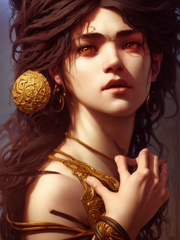 Image similar to samson and delilah, coveted, beautiful and aesthetic, intricate, unreal engine, messy hair, highly detailed, detailed face, smooth, sharp focus, chiaroscuro, renaissance illustration, artgerm, greg rutkowski, ilya kuvshinov, rossdraws, alphonse mucha, young adult light novel cover art