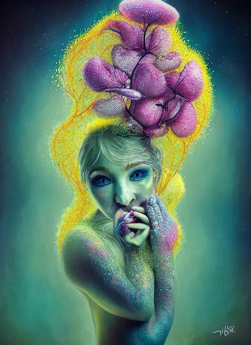 Image similar to hyper detailed emotional 3d render like a Oil painting - Aurora (Singer) looking adorable and seen joyfully Eating of the Strangling network of muted yellowcake aerochrome cracks and milky Fruit and Her delicate Hands hold of gossamer polyp blossoms bring iridescent fungal flowers whose spores black the foolish stars to her adorable smirking mouth by Jacek Yerka, Mariusz Lewandowski, Houdini algorithmic generative render, Abstract brush strokes, Masterpiece, Edward Hopper and James Gilleard, Zdzislaw Beksinski, Mark Ryden, Wolfgang Lettl, hints of Yayoi Kasuma, octane render, 8k