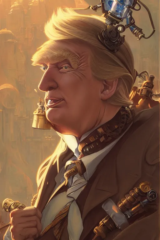 Image similar to anthropomorphic trump as steampunk half - cyborg, western, high fantasy, dnd, smooth, sharp focus, illustration, highly detailed, digital painting, artstation, concept art, by disney animation, rossdraws, alphonse mucha, frank fanzzeta, collectible card art