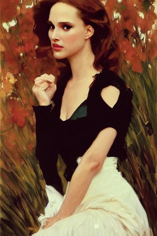 Image similar to elegant romantic portrait photo of natalie portman as black widow by greg manchess, mucha, william adolphe bouguereau, john singer sargent, sorolla, winslow homer, dean cornwell, james gurney, kilin eng, ilya repin, masterpiece