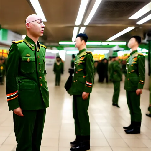 Image similar to cinematic shot of a bald young white man wearing a green chinese maoist military uniform standing in a Subway, 8k, very intricate, very detailed,