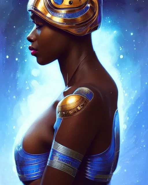 Prompt: Portrait of very very very very very very beautiful african woman, spacesuit, futuristic cybernetic helmet, blue eyes, real life skin, intricate, elegant, highly detailed, artstation, concept art, smooth, sharp focus, art by artgerm and greg rutkowski and alphonse mucha