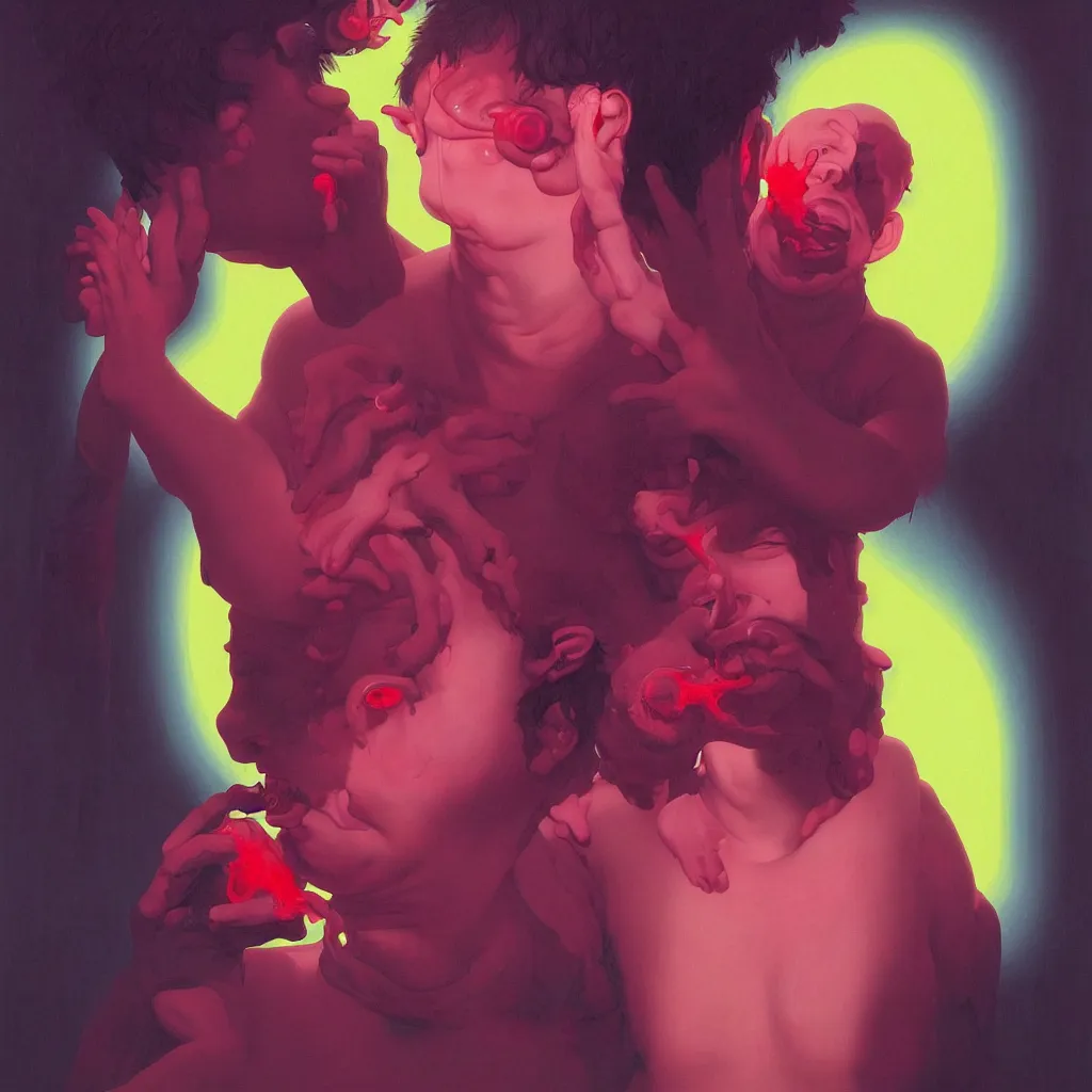 Image similar to weird and disturbing portrait of todd solondz puking blood, todd solondz, vivid colors, neon, art by ( ( ( kuvshinov ilya ) ) ) and wayne barlowe and francis bacon and artgerm and wlop and william - adolphe bouguereau