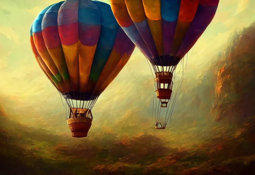 Prompt: old colorful air balloon, epic fantasy, detailed, intricate, digital painting, concept art, realistic, smooth, focus, rim light