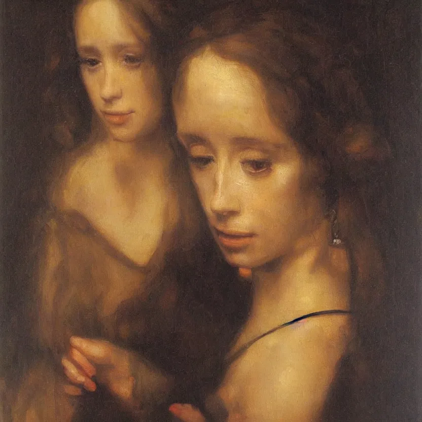 Prompt: An oil portrait painting of Jennifer Love Hewitt by Rembrandt; beautiful; masterpiece