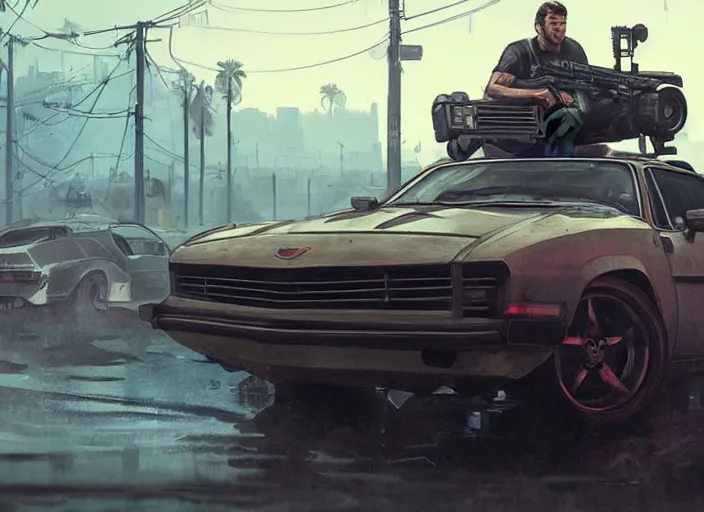 Image similar to A QUADRA TYPE-66 AVENGER car as a GTA 5 loading screen, intricate, dystopian, sci-fi, extremely detailed, digital painting, artstation, concept art, smooth, sharp focus, illustration, intimidating lighting, incredible art by artgerm and greg rutkowski and alphonse mucha and simon stalenhag