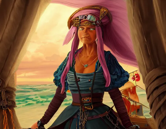 Image similar to painting of an old pirate queen standing on her ship. she is kind, wise, fierce. her swords are at her side. a young girl stands next to her, smiling. lush detail and color. fantasy, anime illustration, intricate, sharp focus, 8 k resolution, frostnine engine