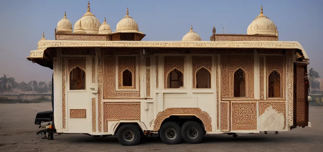 Prompt: mughal - style white ivory tiny home on trailer with minarets in cyberpunk india