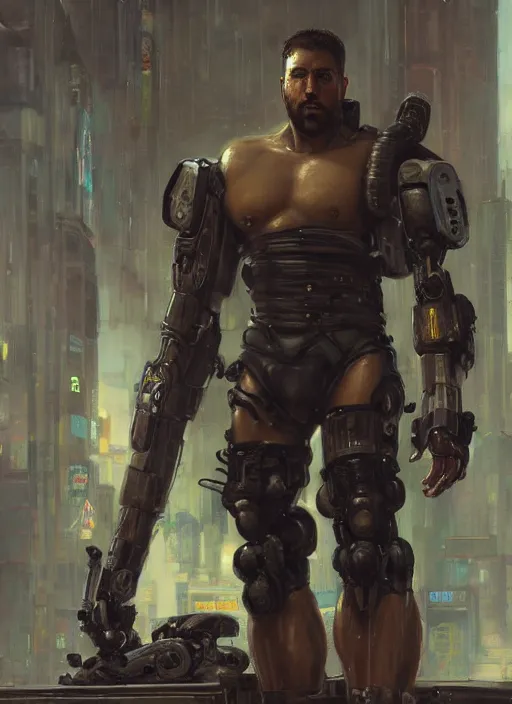 Image similar to weightlifter with super large robot arms. cyberpunk mercenary in a military vest ( blade runner 2 0 4 9, cyberpunk 2 0 7 7 ). orientalist portrait by john william waterhouse and james gurney and theodore ralli and nasreddine dinet, oil on canvas. cinematic, hyper realism, realistic proportions, dramatic lighting, high detail 4 k